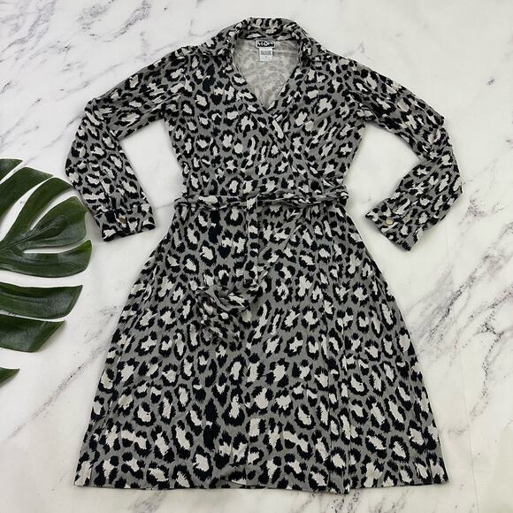 Diane Von Furstenberg DVF Womens Wrap Dress Size 2 Black Gray Leopard Print Silk - Picture 1 of 11